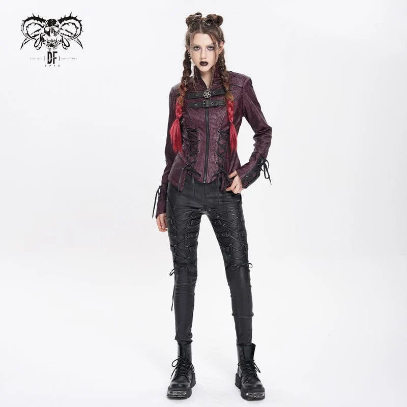 Damen Punk Pentagramm Schnalle Riemen Schnürjacke Rot