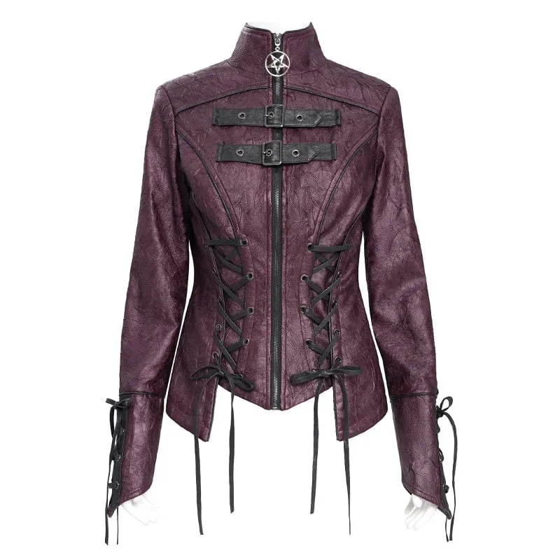 Damen Punk Pentagramm Schnalle Riemen Schnürjacke Rot