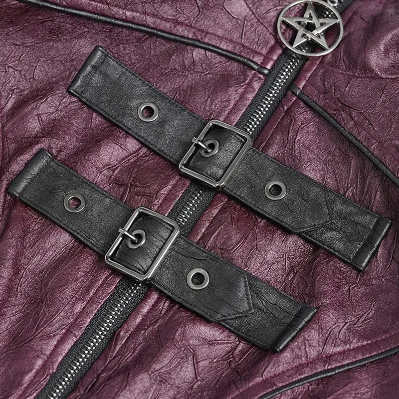 Damen Punk Pentagramm Schnalle Riemen Schnürjacke Rot