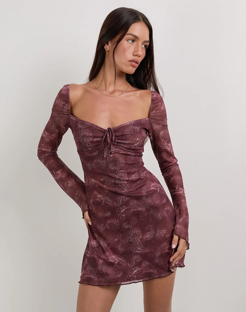 Modena Langärmeliges Minikleid aus tonalem Paisley Pflaume