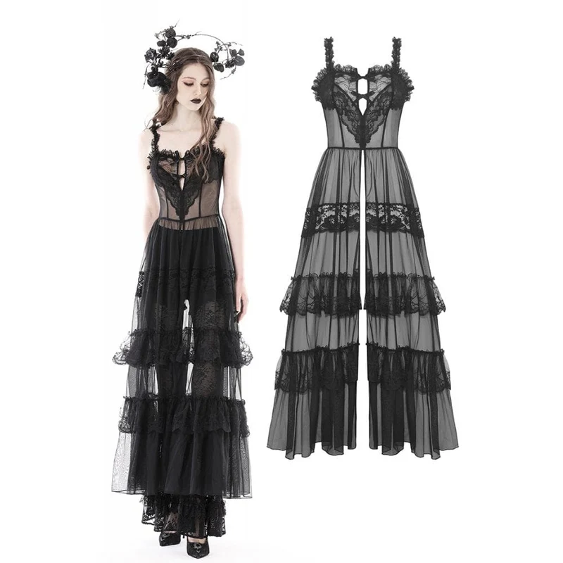 Damen-Slipkleid im Gothic-Stil mit geteiltem, durchsichtigem Netzstoff