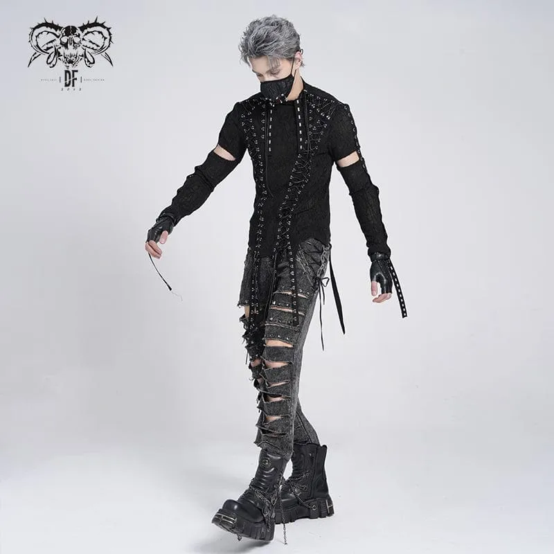Gothic T-Shirt mit unregelmäßigen Ösenriemen und Schnürung für Herren