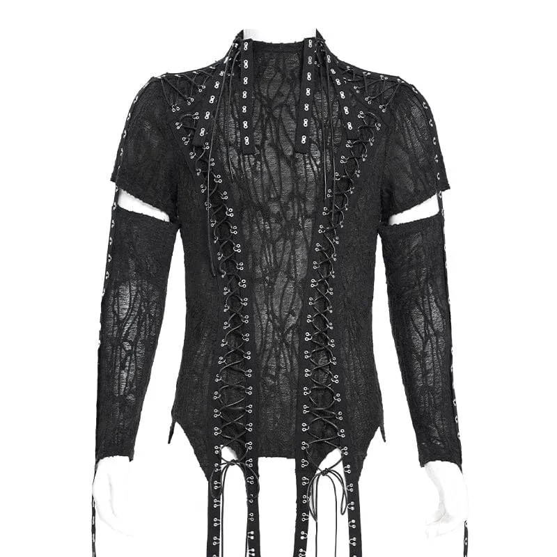 Gothic T-Shirt mit unregelmäßigen Ösenriemen und Schnürung für Herren