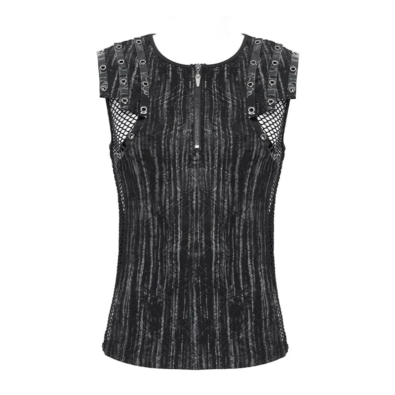 Gothic-Weste mit geripptem Mesh-Spleiß und Reißverschluss für Herren