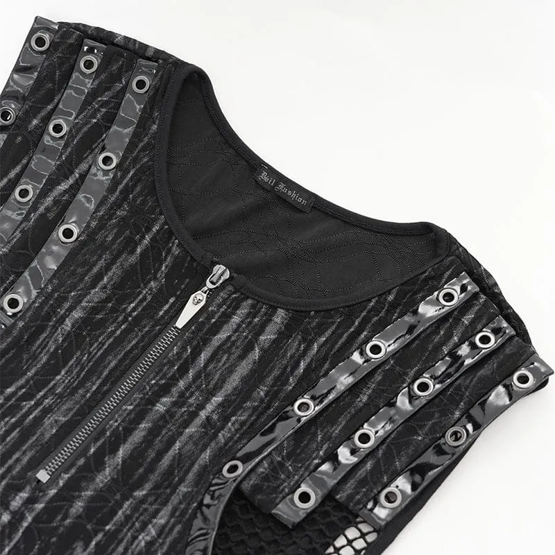 Gothic-Weste mit geripptem Mesh-Spleiß und Reißverschluss für Herren