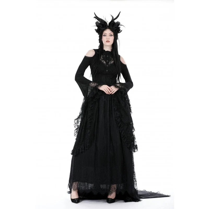 Schulterfreie Gothic-Bluse mit ausgestellten Ärmeln und Spitze für Damen