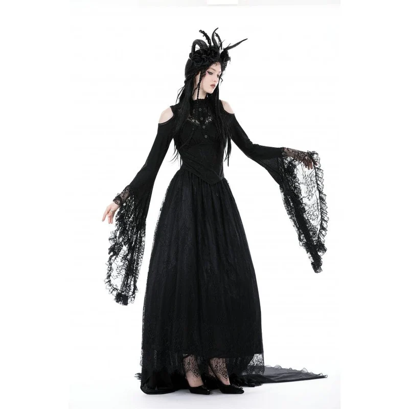 Schulterfreie Gothic-Bluse mit ausgestellten Ärmeln und Spitze für Damen