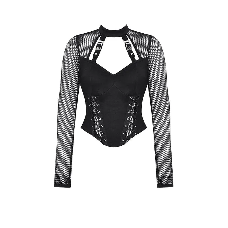 Punk-Cut-out-Mesh-Langarmbluse für Damen