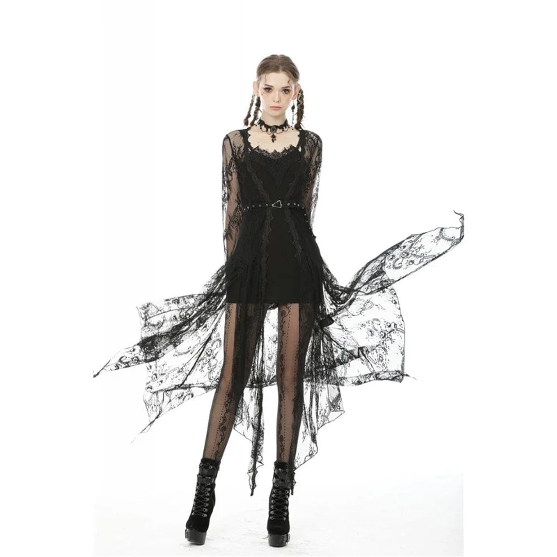 Damen Vintage Gothic Sheer Floral Lace Maxi Cape mit Gürteln