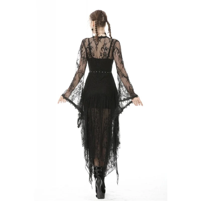 Damen Vintage Gothic Sheer Floral Lace Maxi Cape mit Gürteln