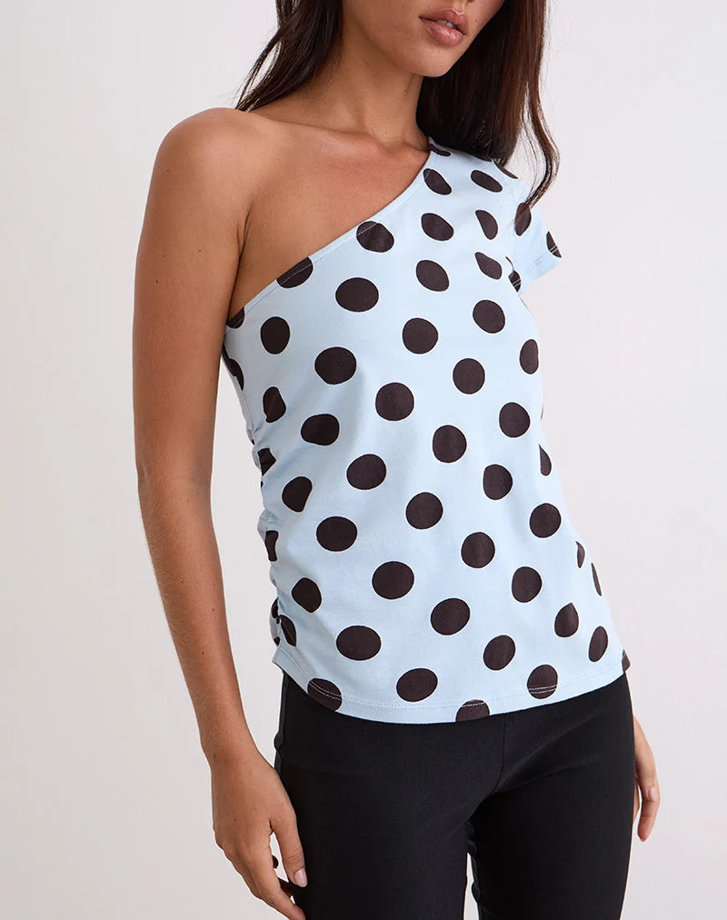 Tokiwa Asymmetric Shoulder Tee in Big Polka Blau Braun