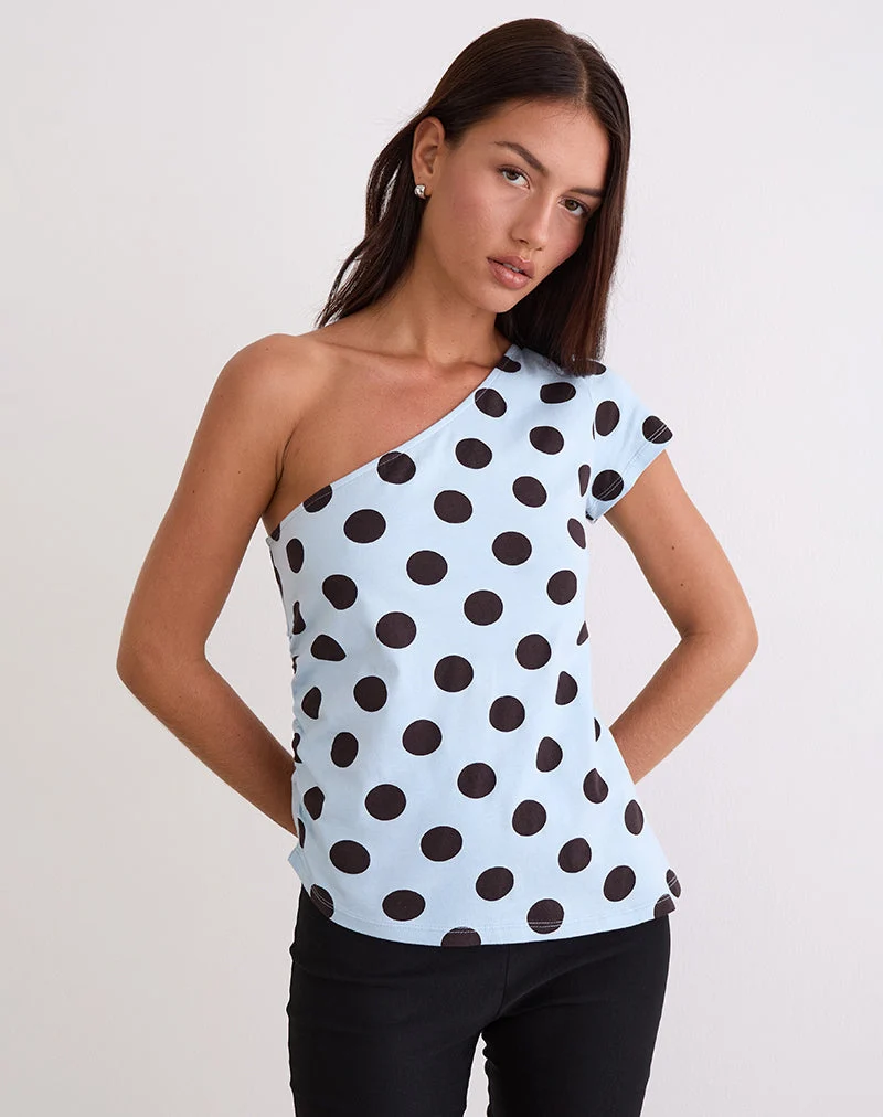Tokiwa Asymmetric Shoulder Tee in Big Polka Blau Braun