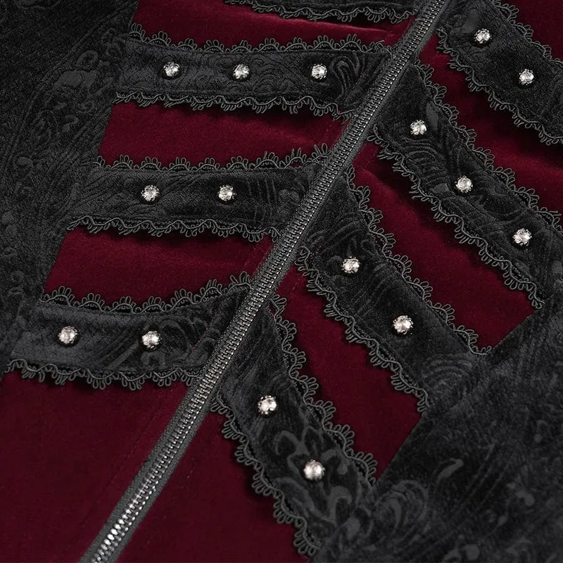 Herren Gothic Blumendruck Diamante Stehkragen Mantel Rot