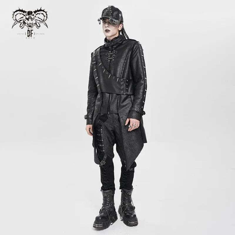 Herren Punk-Mantel mit Schnalle und Stehkragen und Nieten