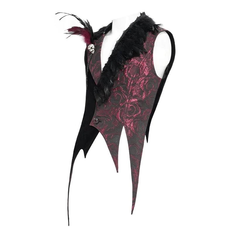 Gothic-Weste für Herren mit unregelmäßigem Rosendruck in Kontrastfarbe und abnehmbarem Feder-Accessoire