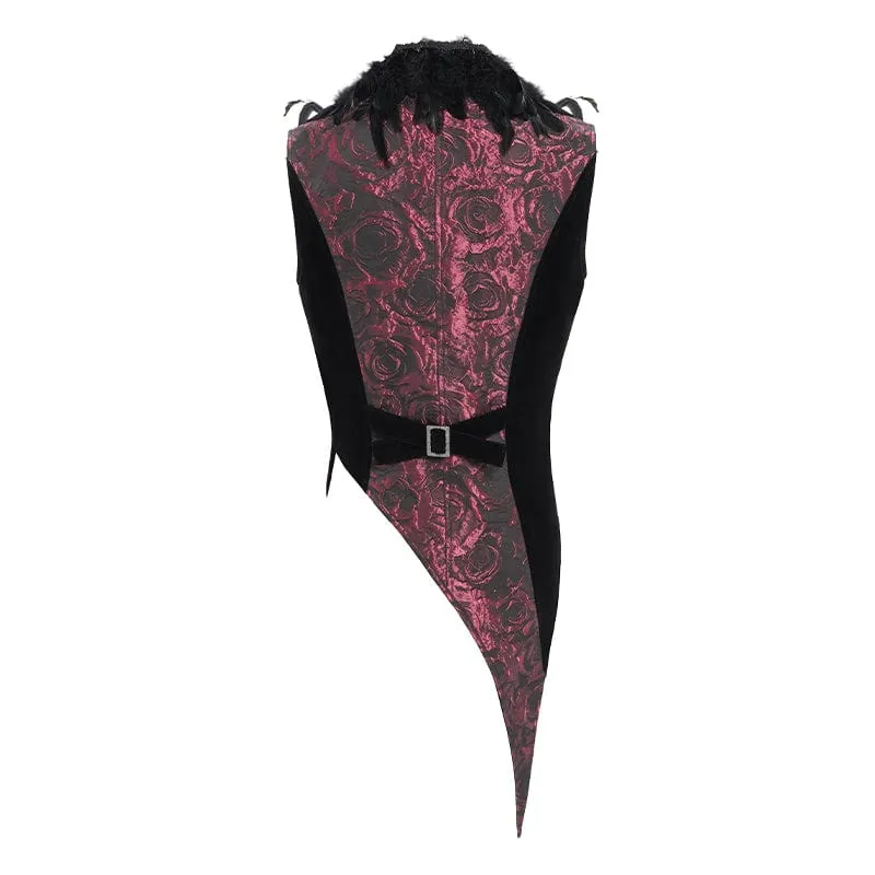 Gothic-Weste für Herren mit unregelmäßigem Rosendruck in Kontrastfarbe und abnehmbarem Feder-Accessoire