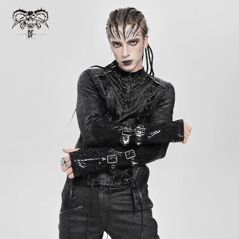 Herren Punk Mesh Splice Schnürhemd mit Kette