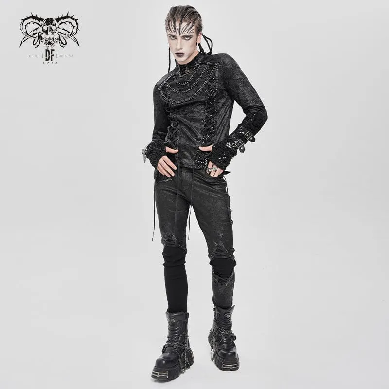 Herren Punk Mesh Splice Schnürhemd mit Kette