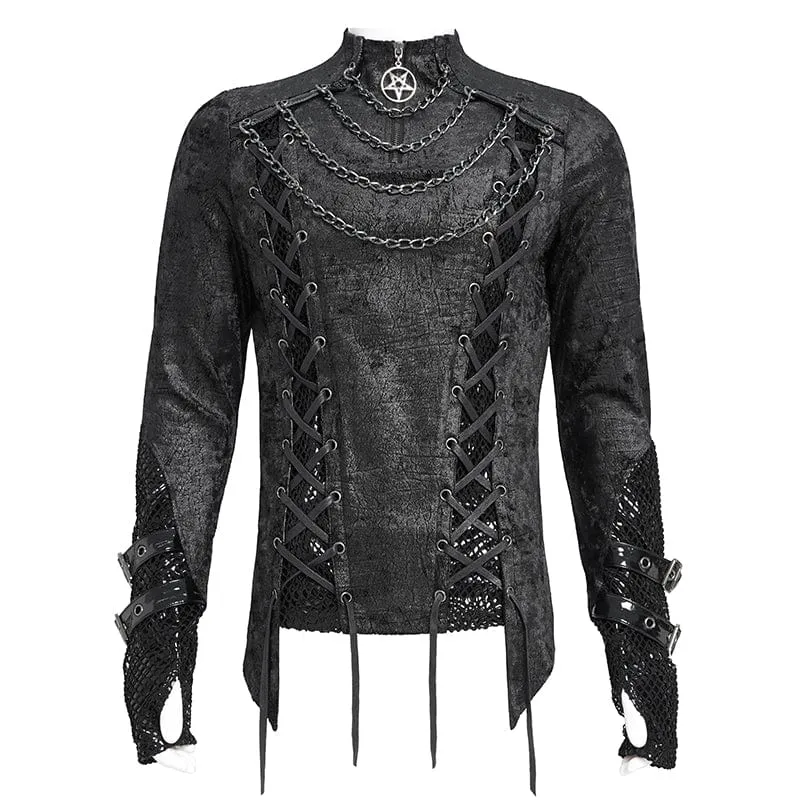 Herren Punk Mesh Splice Schnürhemd mit Kette