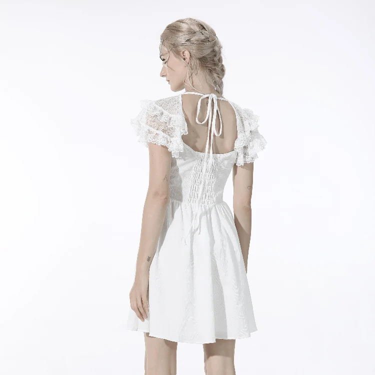 Weißes Gothic-Kleid für Damen mit Lagenlook, Kragen und Trägern, Abschlusskleid