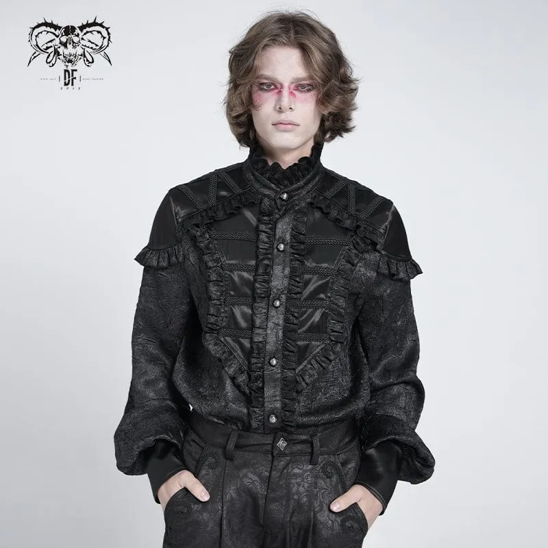 Gothic-Hemd mit Rüschen und Stehkragen und Puffärmeln für Herren, Schwarz