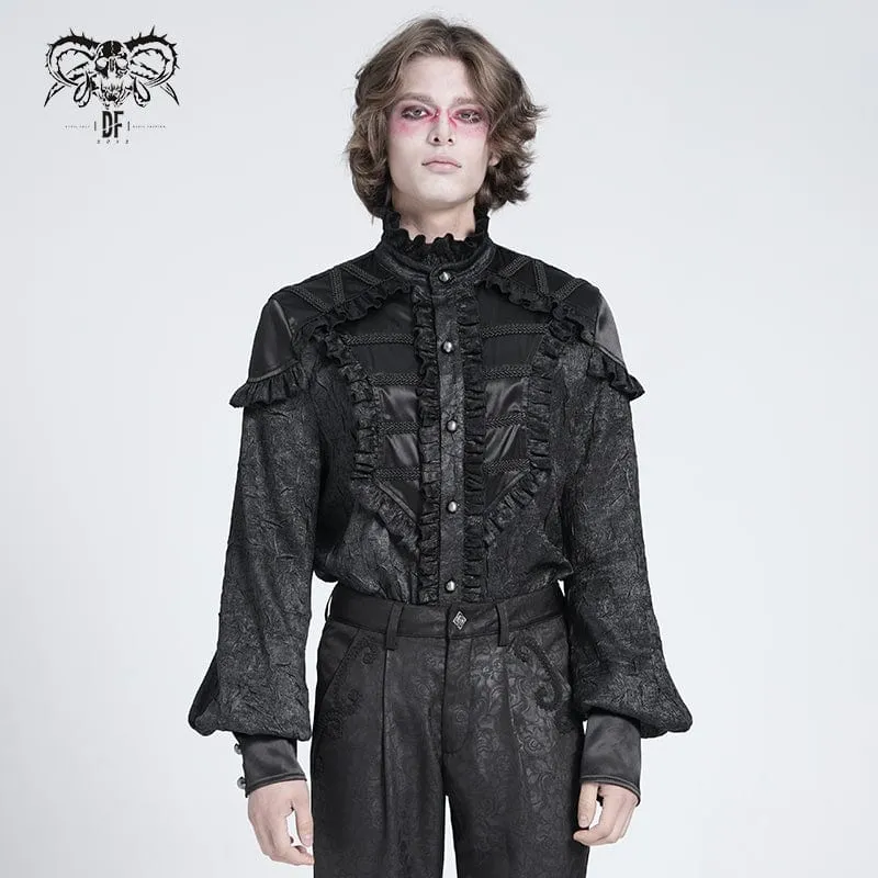 Gothic-Hemd mit Rüschen und Stehkragen und Puffärmeln für Herren, Schwarz