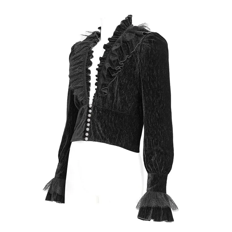 Gothic-Hemd mit V-Ausschnitt und Rüschenspitze für Herren in Schwarz