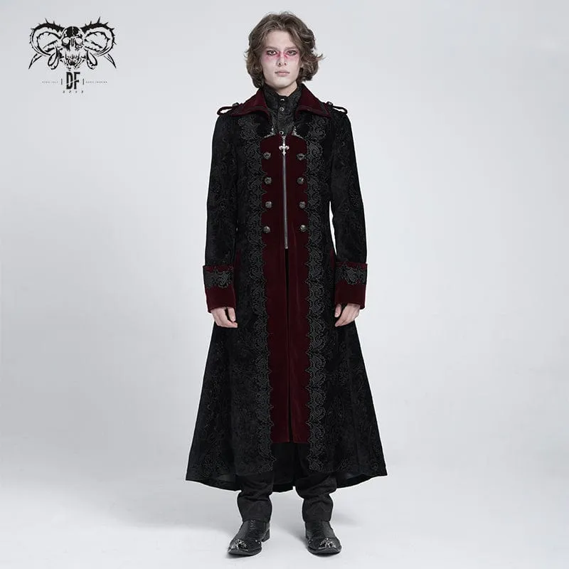 Herren Gothic Reverskragen Bestickter Samtmantel Rot