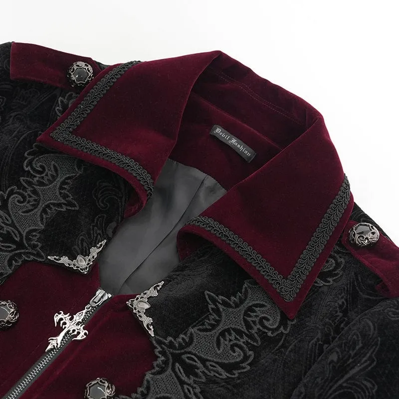 Herren Gothic Reverskragen Bestickter Samtmantel Rot