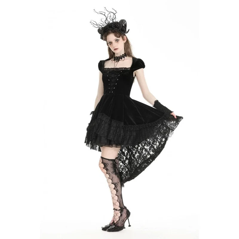 Damen-Gothic-Kleid aus Samt mit hohem/niedrigem Spitzenspleiß