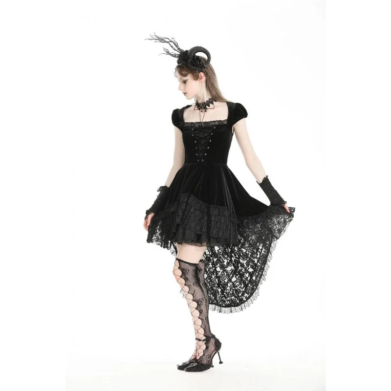 Damen-Gothic-Kleid aus Samt mit hohem/niedrigem Spitzenspleiß