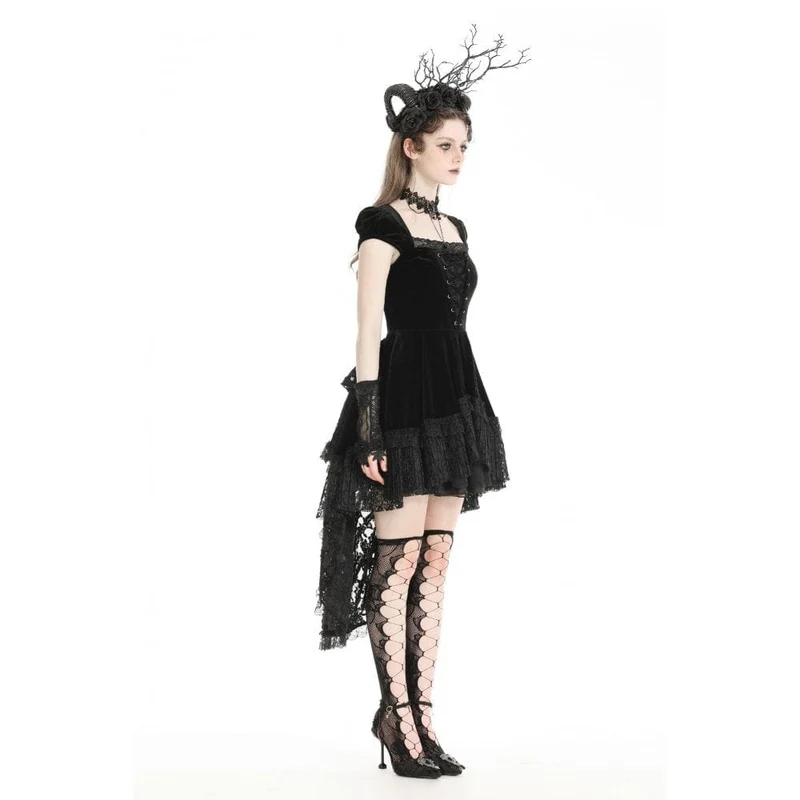 Damen-Gothic-Kleid aus Samt mit hohem/niedrigem Spitzenspleiß