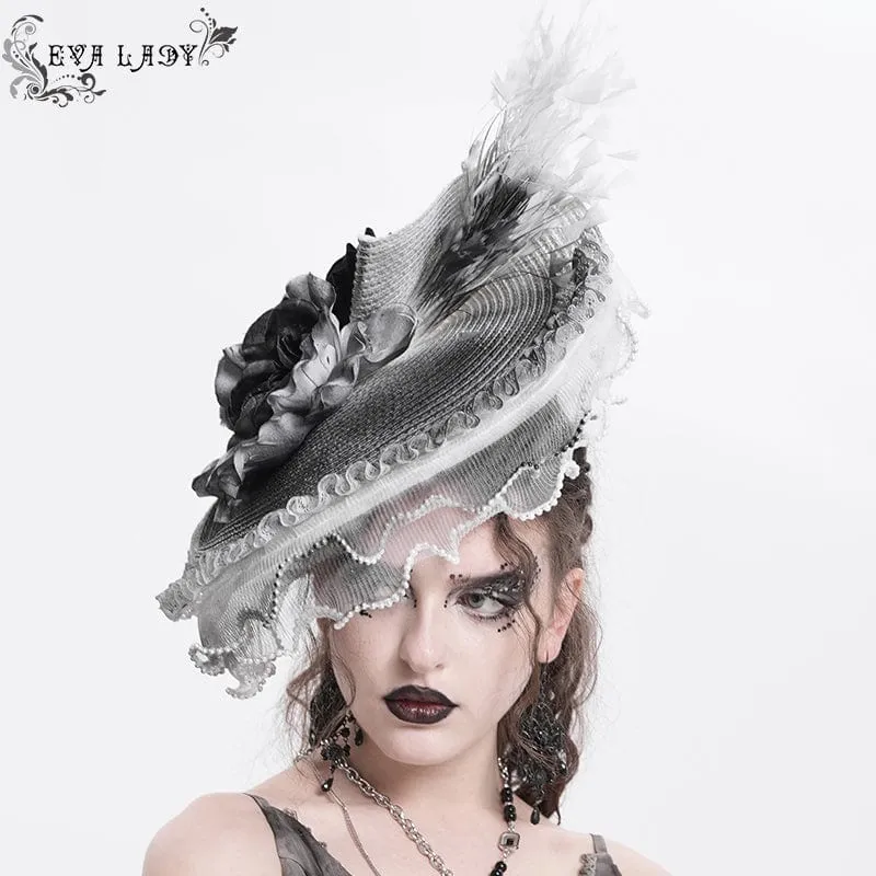 Damen Gothic Rose Rüschen Federhut Weiß-grau