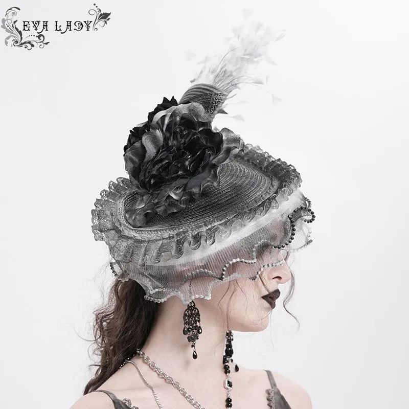 Damen Gothic Rose Rüschen Federhut Weiß-grau