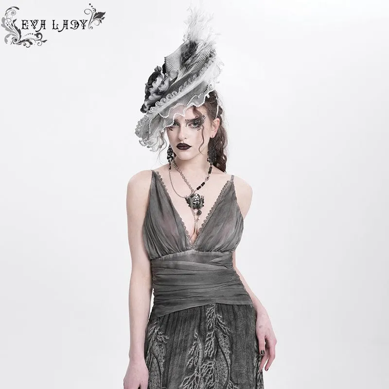 Damen Gothic Rose Rüschen Federhut Weiß-grau