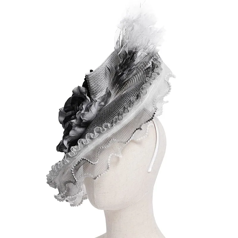 Damen Gothic Rose Rüschen Federhut Weiß-grau