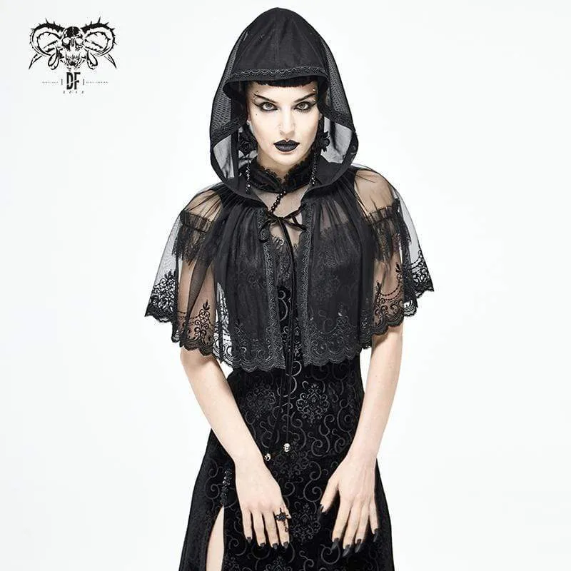 Damen Gothic Floral Lace Sheer Black Umhänge mit Kapuze