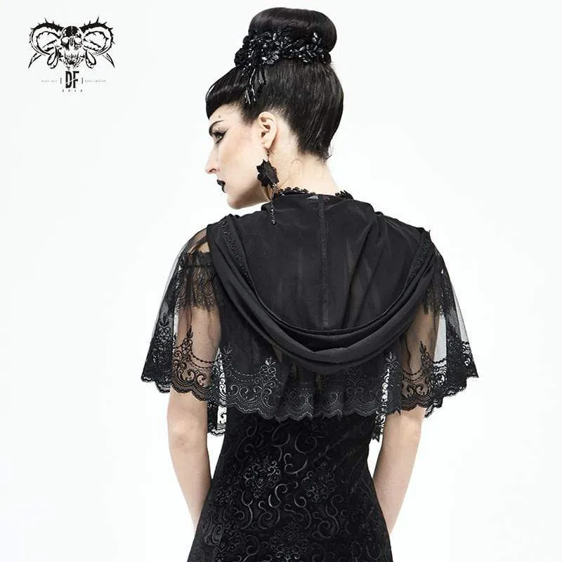 Damen Gothic Floral Lace Sheer Black Umhänge mit Kapuze
