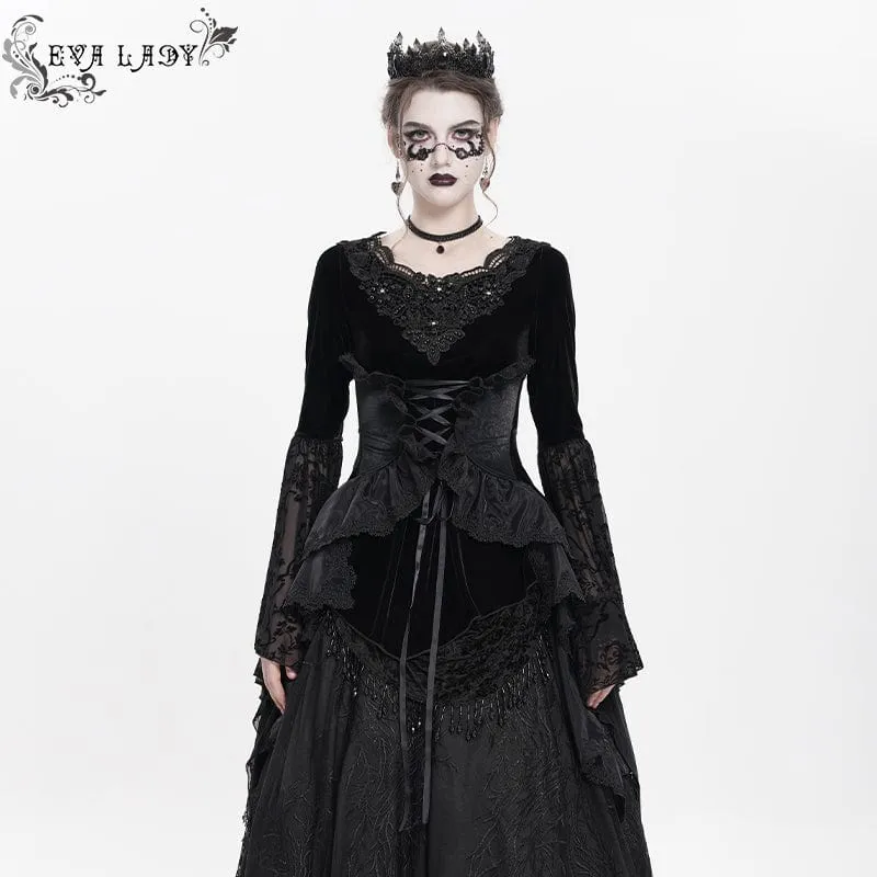 Gothic-Langarmhemd aus Samt mit Schnürung und Perlen für Damen