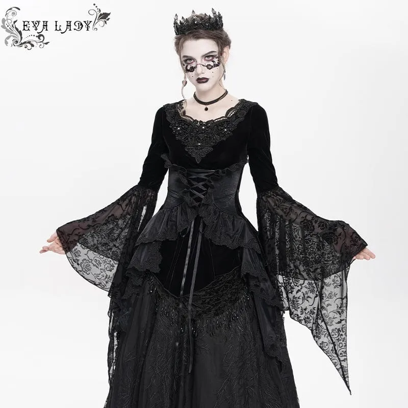 Gothic-Langarmhemd aus Samt mit Schnürung und Perlen für Damen
