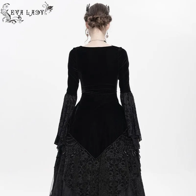 Gothic-Langarmhemd aus Samt mit Schnürung und Perlen für Damen
