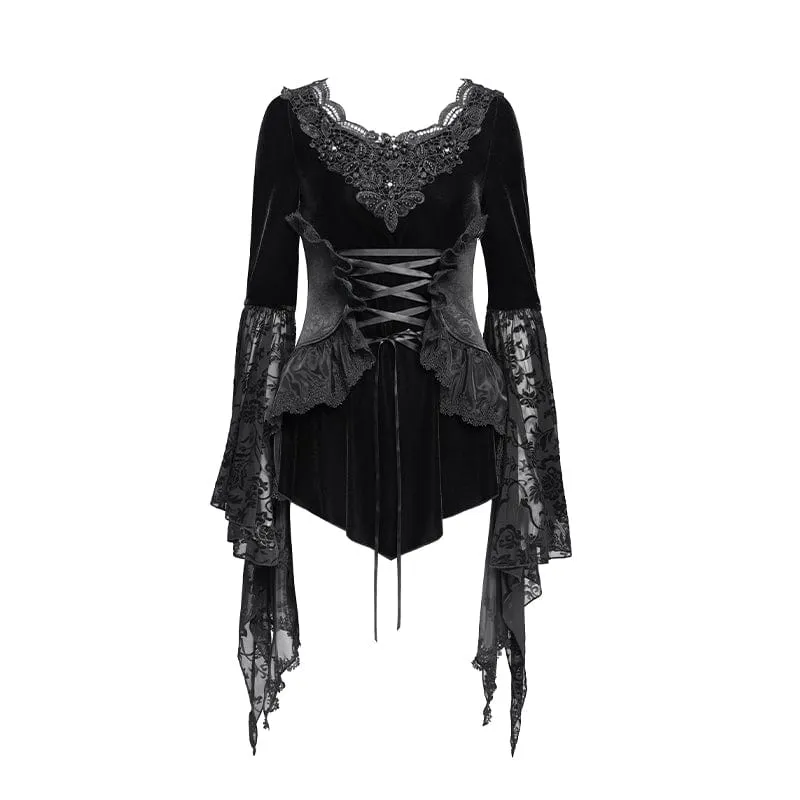 Gothic-Langarmhemd aus Samt mit Schnürung und Perlen für Damen