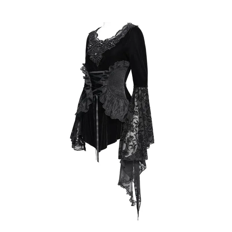 Gothic-Langarmhemd aus Samt mit Schnürung und Perlen für Damen