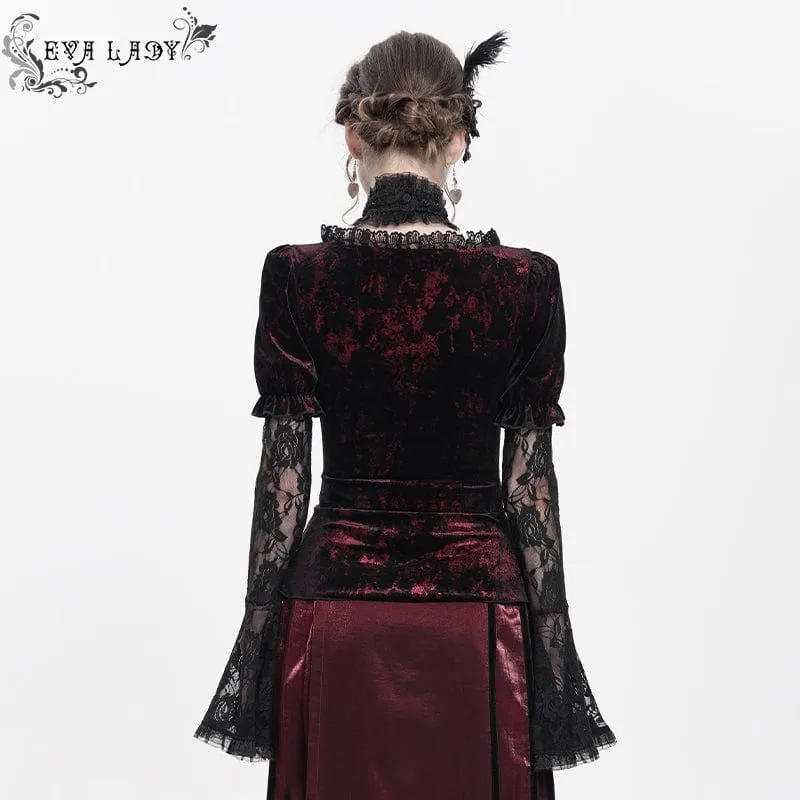 Gothic Mesh Puff Langarm Samthemd für Damen Rot