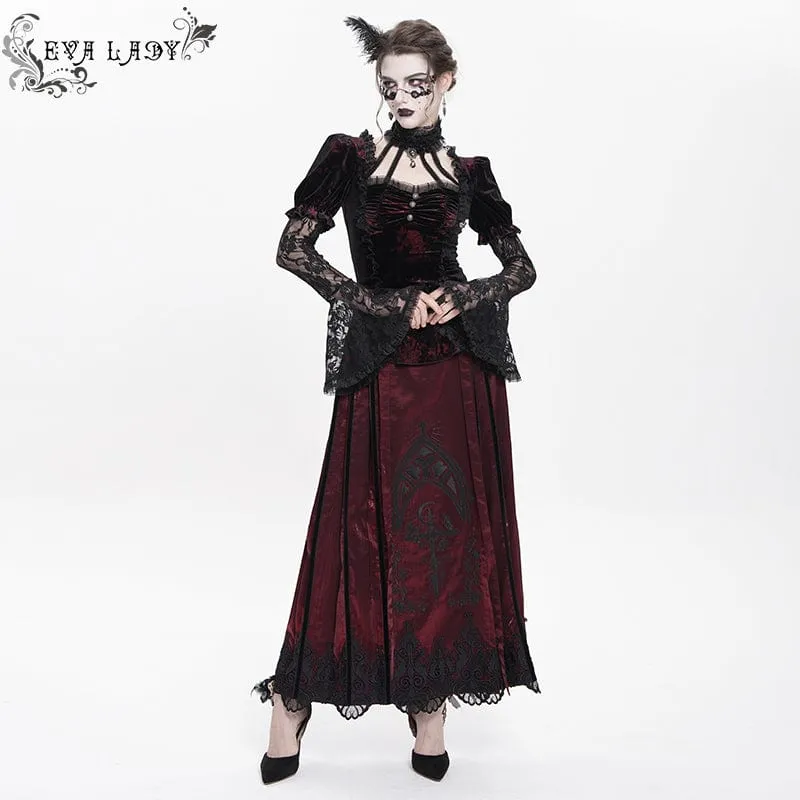 Gothic Mesh Puff Langarm Samthemd für Damen Rot