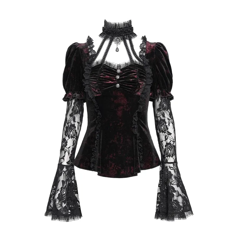 Gothic Mesh Puff Langarm Samthemd für Damen Rot