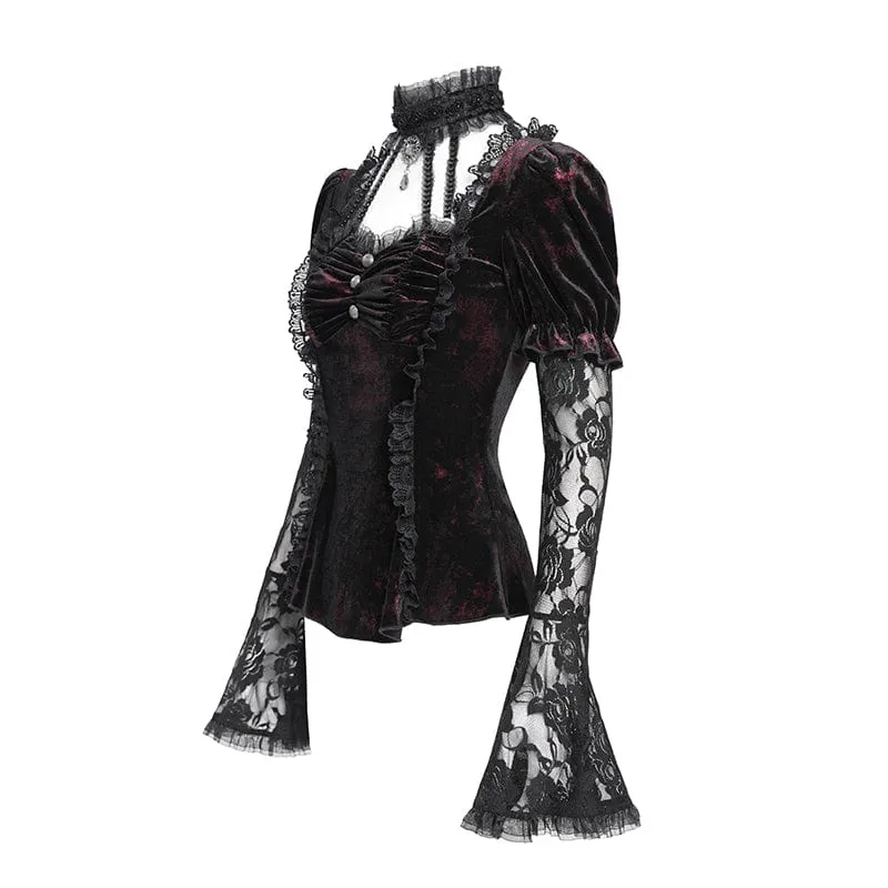 Gothic Mesh Puff Langarm Samthemd für Damen Rot