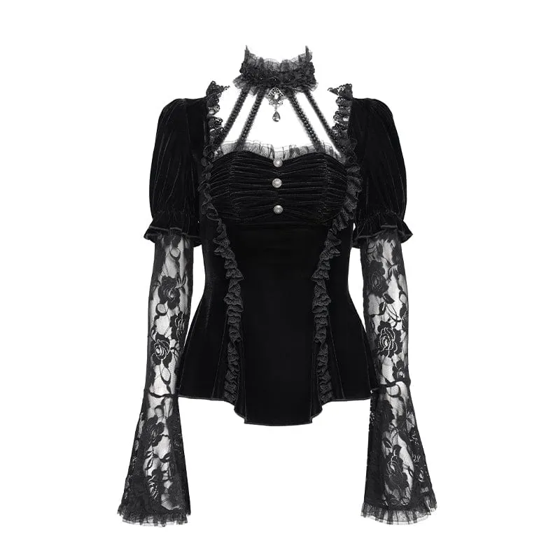Gothic Mesh Puff Langarm Samthemd für Damen Schwarz