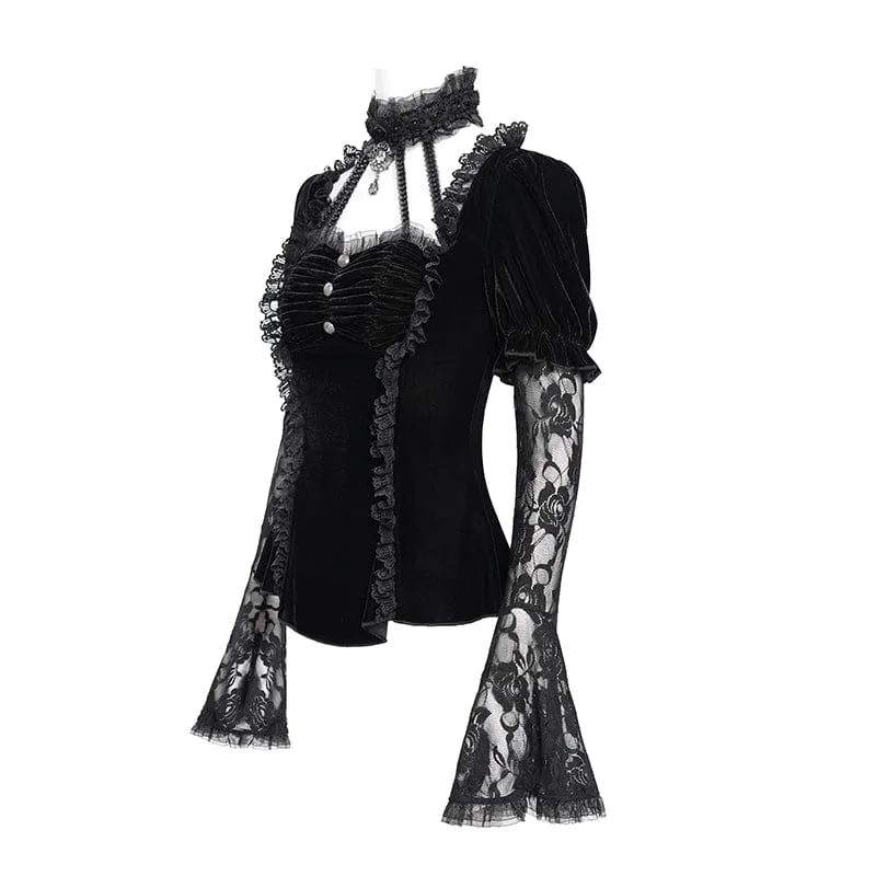 Gothic Mesh Puff Langarm Samthemd für Damen Schwarz