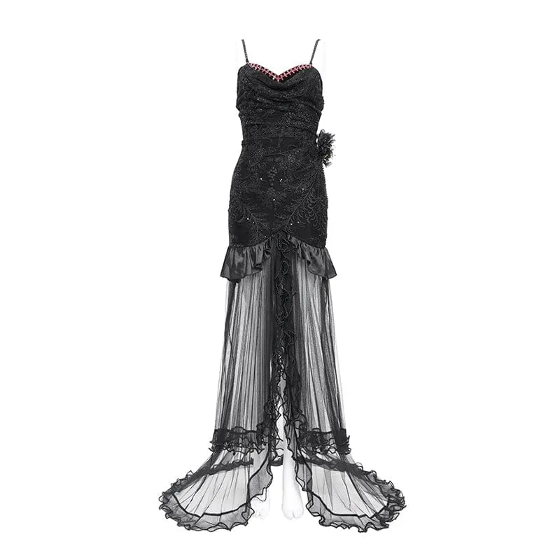 Gothic-Kleid für Damen mit floraler Stickerei, Netzsaum und langem Unterkleid, Hochzeitskleid